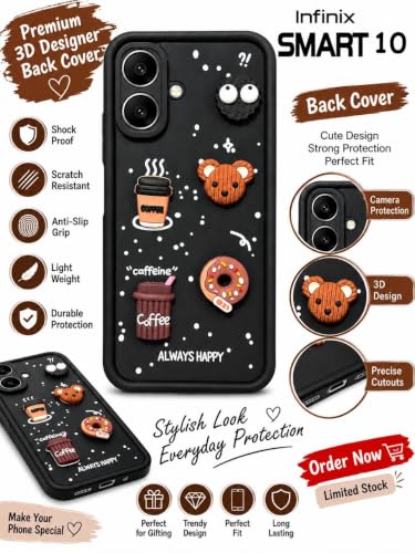 Image of Bintage Back Cover Compatible for Infinix X6725 / SMART 10 4G | Cute Fun Ball | 3D Taddy Smiley Coffee | Milk Case | Full Body Protection - Black