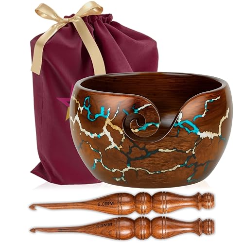 Image of Wooden Yarn Bowl Knitting & Crochet Yarn Holder | Handcrafted Crochet Bowl with Fractal Wood Burning & Blue Resin Inlay (Blue Large 7x7x4) (Multi)