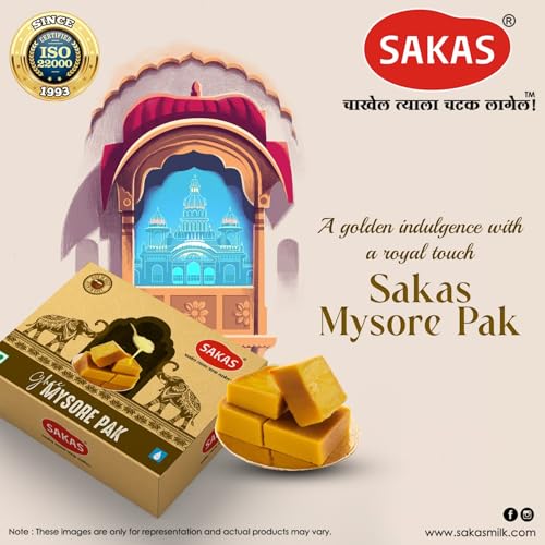 Image of SAKAS Mysore Pak 200g | Pure Ghee Soft Melt-in-Mouth Mysore Pak | Traditional South Indian Mithai | No Added Preservatives | Fresh Hygienic Sweet Gift Pack | Since 1993 | 60 Days Shelf Life