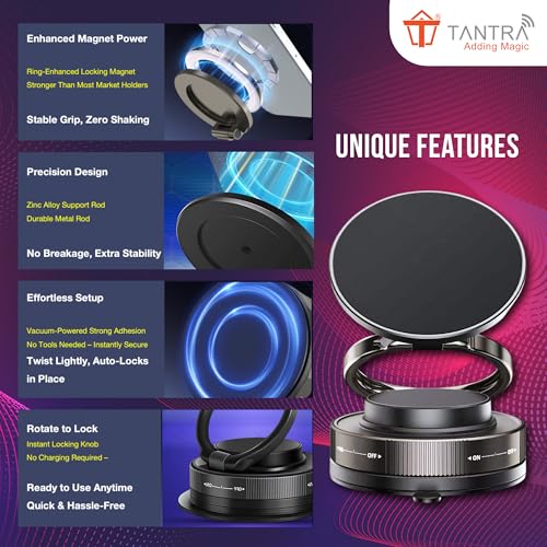 Image of TANTRA 360 Vacuum Magnetic Phone Holder | Universal Magnetic Car Mount with Strong Suction Cup | N52 Magnet Grip for Car, Gym, Mirror, Shower | Compatible with All Smartphones