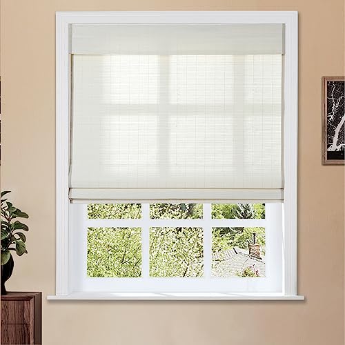 Image of TWOPAGES Cordless Flax Bamboo Blind Custom Made Roman Shade for Indoor Windows No Drill Light Filtering Blackout Roman Window Shade, Eggshell, 1 Piece