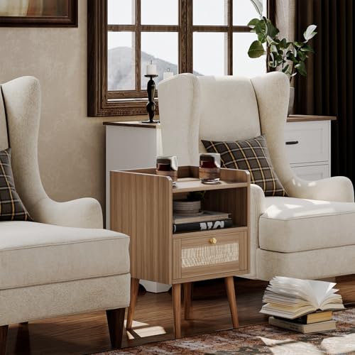 Image of MECHYIN Night Stand Set 2, Nightstands Set of 2 with Charging Station, Rattan Side Tables with Solid Wood Legs, Boho Bedside End Table for Apartment Bedroom Dorm Small Space