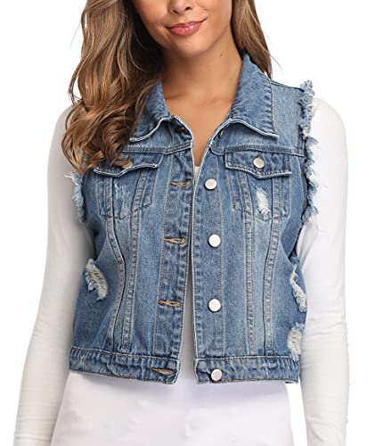 MISS MOLY Women's Ripped Denim Vest Cropped Distressed Classic Sleeveless Jean Vest Jackets With Flap Pockets2