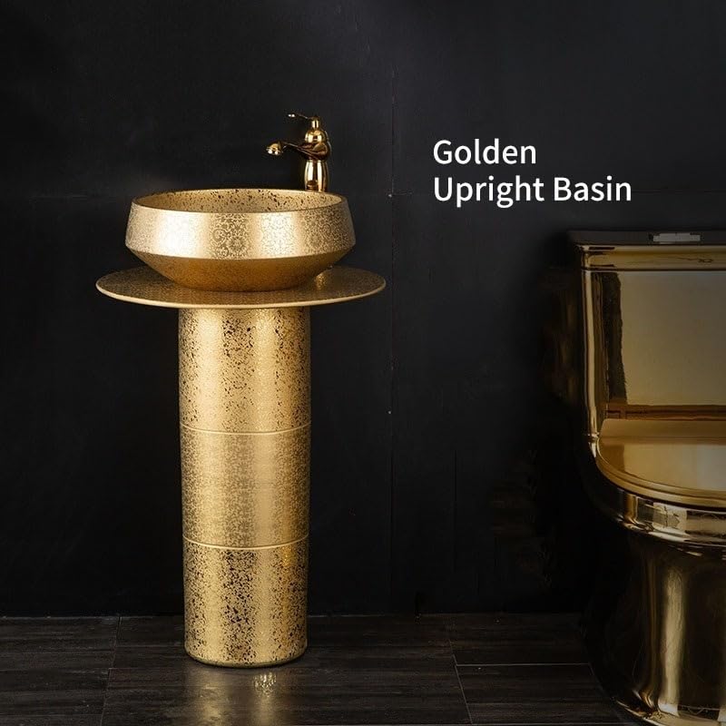 Lavabo de baño Fregadero de pedestal dorado de lujo, lavabo de columna de baño de 3 piezas, lavabo de tocador de baño de pie combinado con grifo, desagüe y espejo Lavabo de pedestal para baño(C)