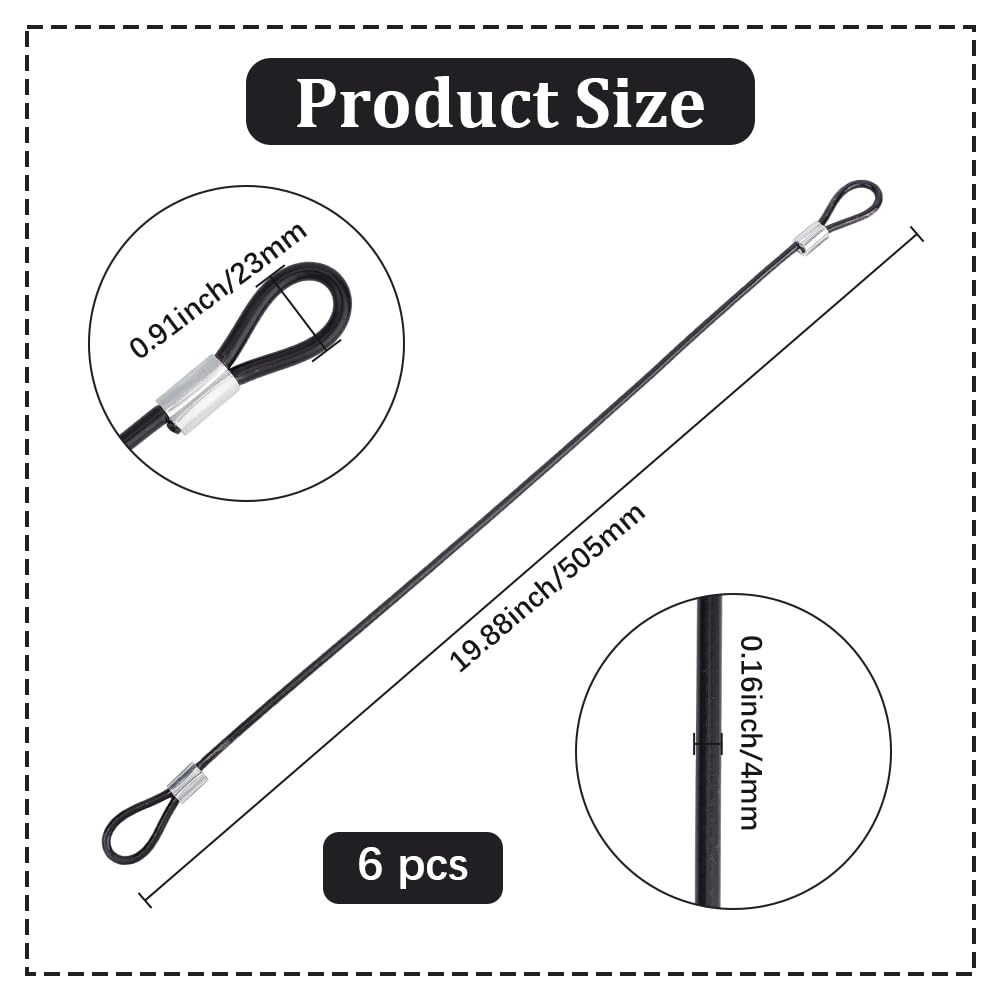 GORGECRAFT 6 Stück 50.5cm Langes Sicherheitskabel Aus Kohlenstoffstahl Mit Schlaufen (4mm Durchmesser) Schwarz Beschichtet Flexibles Drahtseil Sicherheitskette Aus Stahl Für Garten Haustüren Zäune Tor