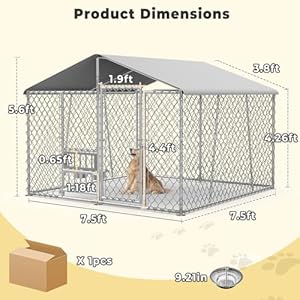 Upgraded 7.5×7.5×5.6FT Outdoor Dog Kennel with Roof and Bowls, Large Dog House Pen Enclosure with Sidebar, Heavy Duty Chain Link Dog Kennel with Openable Feeding Doors