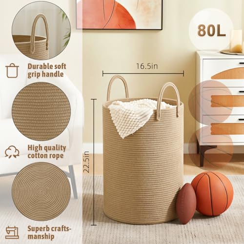 Image of Artfeel Laundry Basket,Woven Cotton Rope Laundry Hamper,80L for Decorative Storage of Dirty Clothes,Toys and Blankets in Bathroom,Baby Room and Living Room