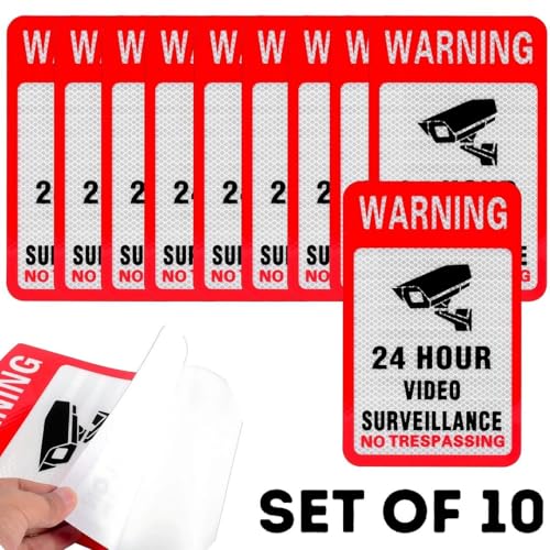 Image of CVANU Reflective CCVT Surveillance (Set of 10) Self-Adhesive Bold Security Notice Vinyl Sign Sticker Decals for Shops| Offices| Parking Areas (5.9X4inch) Red 865