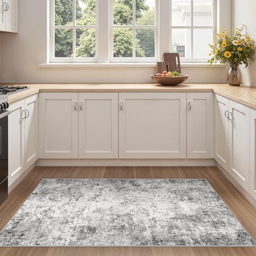 3x5 Area Rug Living Room Rugs - Washable Neutral Modern Abstract Soft Thin Rug Indoor Floor No Slip Rug Carpet for Bedroom Under Dining Table Home Office Decor - Grey