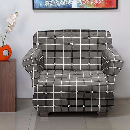 Image of Amazon Brand - Solimo Polyester Streachable Sofa Cover - (Single Seater, Checked Print, Grey)