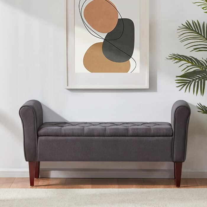 Image of Upholstered Flip Top Storage Armrest Bench Ottoman Pouffe Puffy Settee 2 Seater Sofa Footstool for Livingroom Bedroom Office Hotel Guestroom (Grey) - Sal Wood