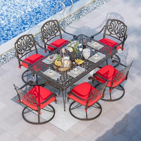 Grepatio 7 Piece Patio Dining Set Outdoor Dining Set Cast Aluminum Furniture Set with 6 Dining Swivel Chairs with 6 Cushions and Dining Table for Backyard Garden Deck Poolside (Red) Cover
