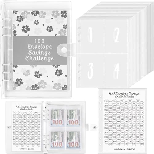 100 Envelopes Money Saving Challenge Binder – Laminated $5050 Tracker, Pre-Numbered Pockets, and Easy Budgeting Tools for Fun and Effective Savings (White)