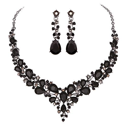 Youfir Bridal Austrian Crystal Necklace and Earrings Jewelry Set Gifts fit with Wedding Dress(Black)