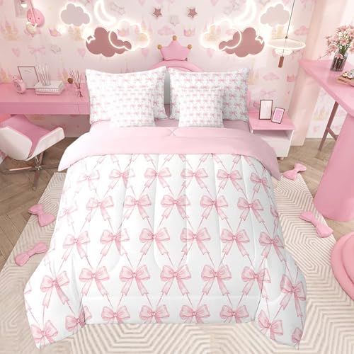 Feelyou Bow 7 Pieces Comforter Sets Boys Girls Twin Size Pink Girls Bow Bedding Set for All Season for Kids Women Men Cute Bowknot Bed in a Bag with Comforter, Sheets, Pillowcases & Cushion Cover
