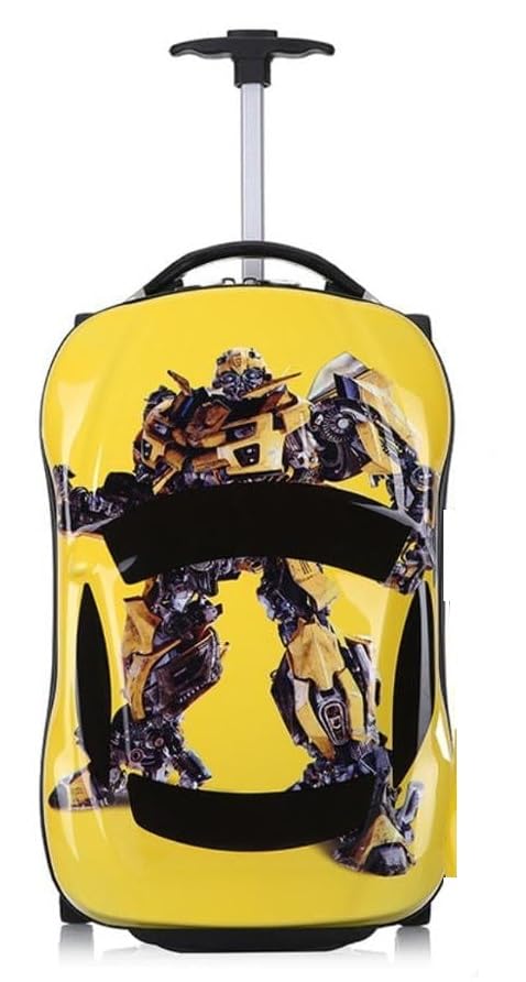 Image of Kids Ride On Trolley Bag for Boys & Girls | Hard Shell Cabin Luggage with 4 Wheels & Telescopic Handle | Lightweight Travel Suitcase for School Trips, Vacations & Holidays | Cartoon Design (Yellow)