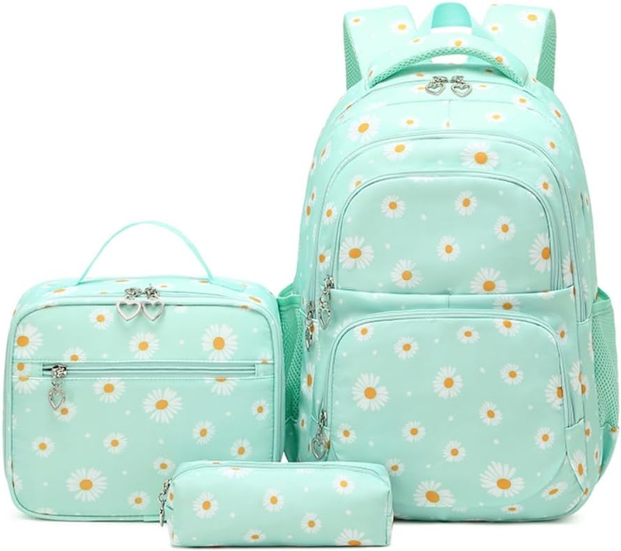 EKUIZAI 3Pcs Daisy Prints Backpack for Girls Bookbag set Primary School Daypack Elementary Students Knapsack with Lunch Box