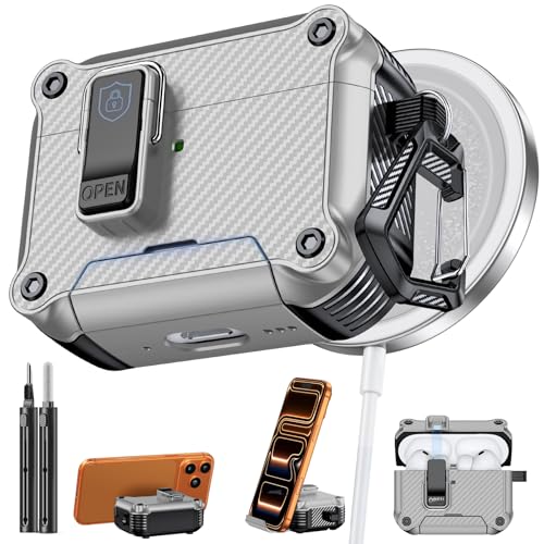 Image of Inesore for AirPods Pro 3 Case with Secure Lock (Silver) | Phone Stand Design,Compatible with MagSafe,Automatic Snap Switch Secure Cover Carbon Fiber Texture with Cleaner Kit