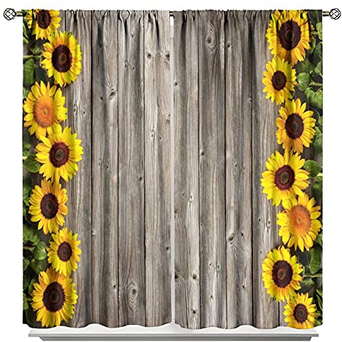 50% Off Discount GY Sunflower and Wooden Board Blackout Window Curtains for Bedroom Living Room Girls Kids Room 85x85inch(214x214cm)