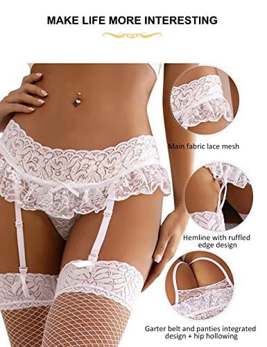 Comeondear Women Lace Garter Belts And Stocking Set Lace Suspender With G-String White Garter Skirt 3Xl-4Xl #TOP3
