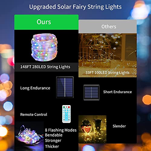 Super Durable Solar Outdoor Fairy String Lights 148Ft 280Led Extra Long Waterproof Twinkle Lights With Faster Charging Solar Panel 8 Remote Control Flashing Light Modes For Tree Garden Patio Decor #TOP1