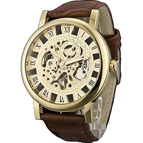 Sewor Men's Mechanical Hand-Wind Wrist Watch with Roman Numeral Display (Hollow Gold) Cover