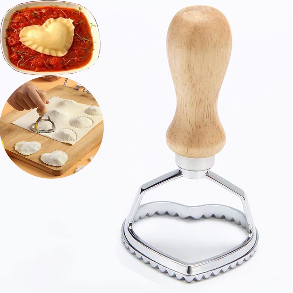 MTOMDY Ravioli Cutter Stamps With Heart-Shaped Mold with Wooden Handle and Fluted Edge Pasta Press Pasta Cutter for Home and Kitchen Use- 2.4" Diameter