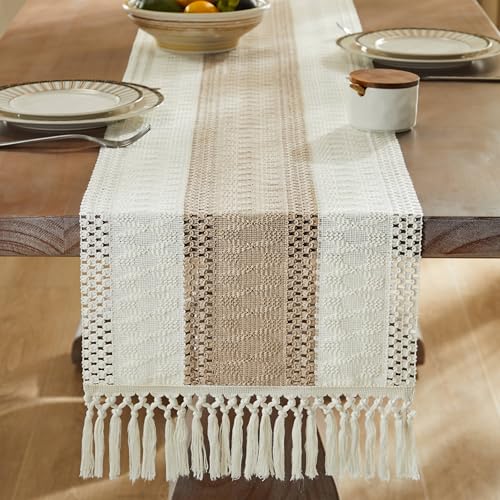 Image of ZeeMart Macrame Style Bicolor Stitching Table Runner, 14 x 60 Inch Taupe /Ivory, Boho Beige Table Runners 60 Inches Long, Farmhouse Woven Home Decor