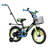 MIRAVO Kinderfahrrad 14 Zoll für Jungen von 3-5 Jahren mit Stützrädern und Schubstange - Leichtes Fahrrad für Kinder mit Korb - V-Brake Bremsen - Spark Schwarz Grün