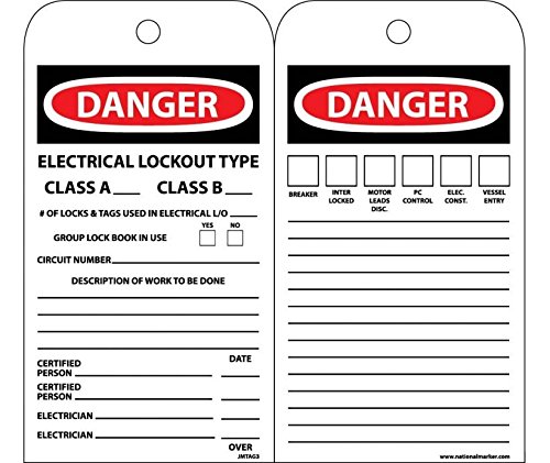 JMTAG3 Unrippable Vinyl 015 National Marker Danger Electrical Lockout Type Class a Class B Tag (Pack of 10)