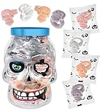 30 Pack Halloween Ring Candy - Individually Wrapped Holiday Themed Skull Candys Packed in a Skull Jar – Trick Or Treat Strawberry And Tutti Frutti Delicious Candys - Bulk Halloween Suckers Great Use, For Kids, Trick Or Treat, Party Favor, Classrooms, Goodie Bags