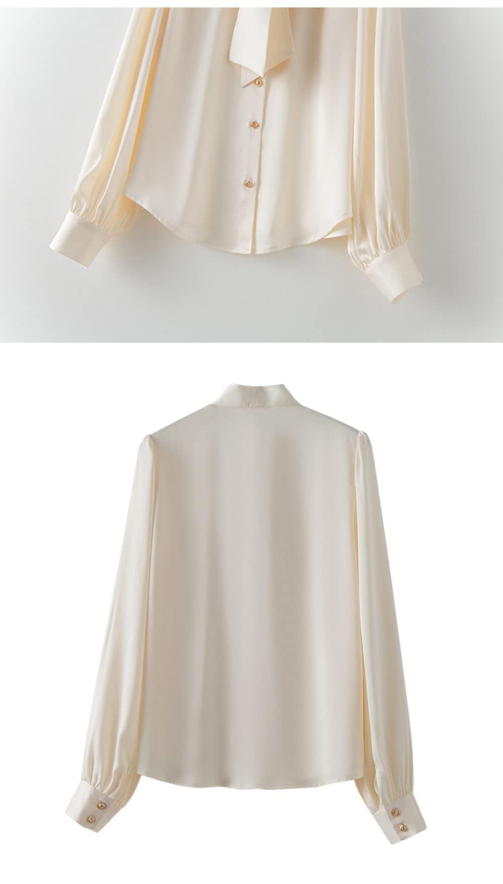 Hemd Damen,Damen Langarmhemden Beige Einfarbig Stehkragen Fliege Knopf Klassische Blusen Frühling Herbst Lässige Strickjacke Mantel Arbeitsoberteile Stilvolle Lose Hemden
