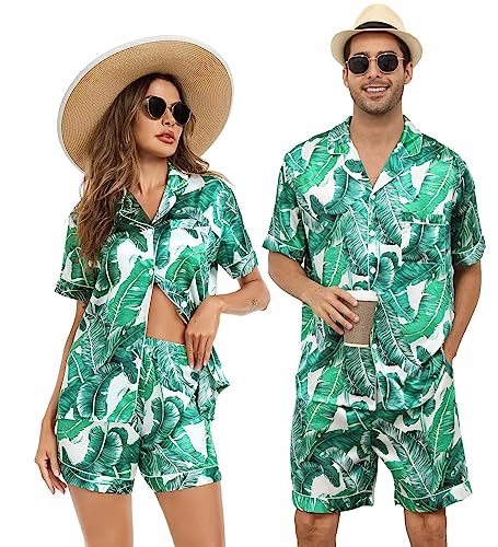 Image of SWOMOG Satin Matching Pajamas Sets Couple Silk Button Down Nightwear Women & Men Short Sleeve Sleepwear 2 Pieces Loungewear