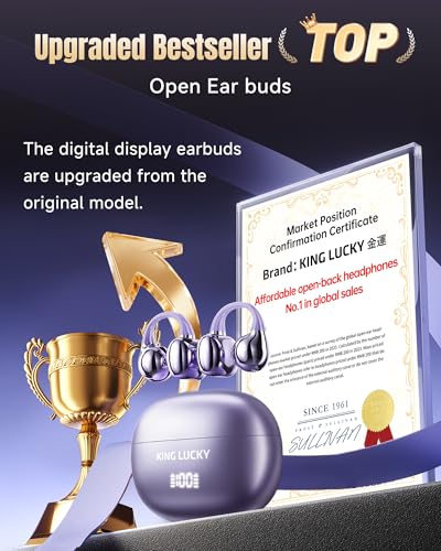 King Lucky Clip-On Earbuds Gen 3, Open-Ear Wireless Bluetooth 6.0 Headphones with Mic, Secure Fit for Small Ears & Glasses Wearers, 50H Playtime, LED Digital Display, ENC, IPX5 Waterproof (Purple) — view 2