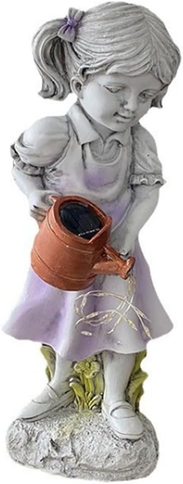 Beautiful Girl Watering The Garden Statue with Solar Fairy Light,Cute Garden and Balcony Statue Decoration for Garden Lovers