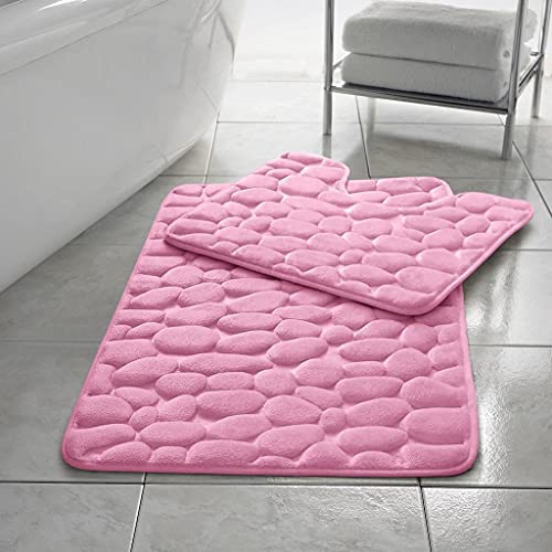 Rainbow Style Lot de 2 tapis de bain en mousse à mémoire de forme antidérapants Motifs de galets en relief Rose poudré