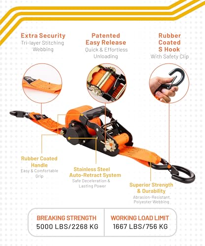 Strapinno 2PCs Retractable Ratchet Tie-Down Straps,5,000 lbs Break Strength- 2 in x 12 ft Heavy Duty Ratchet Strap with Safety Lock S Hooks for Motorcycles, ATVs, UTVs, Lawn Equipment & Cargo-Orange - Image 3