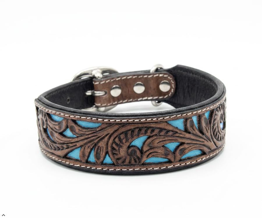 Leder Hundehalsband im Western-Design, Handgefertigt Trend Robust Breit 6 Größen 20 Designs (M, Modell 18)