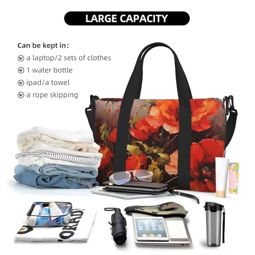 Sports Gym Bag for Women Men Travel Duffel Bag Tote Weekender Bag Carry on Overnight Bag for Travel Swimming Fitness Workout Sports Oil painting red flower Duffle Bag4