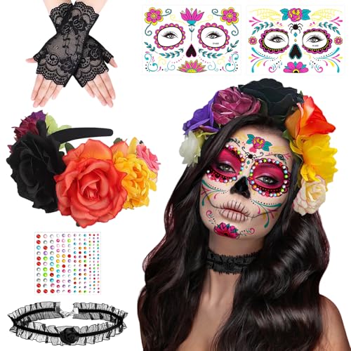 Tccydm Diadema día de los Muertos Mujer,Diadema de Flores de Halloween,Diadem de corona de flores mexicanas,Diadem Del Día de Muertos Con Rosas,Disfraz Del Día de Los Muertos,Perfecta para Halloween