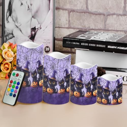 Image of Witch Kitten Battery Operated Candles Set of 4 | LED Flickering Battery Operated Color Changing Electric Pillar Candles for Living Room Halloween Home Decoration