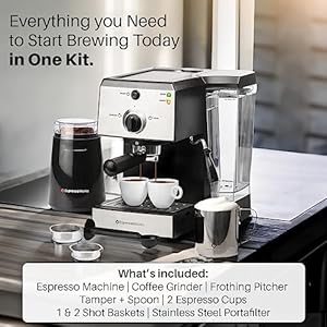 EspressoWorks All-In-One Espresso Machine with Milk Frother 7-Piece Set - Latte Maker Includes Grinder, Frothing Pitcher, Cups, Spoon and Tamper - Coffee Gifts (Stainless Steel) EspressoWorks All In One Espresso Machine with Milk Frother 7 Piece Set Latte Maker Includes Grinder Frothing Pitcher Cups Spoon and Tamper Coffee Gifts Stainless Steel