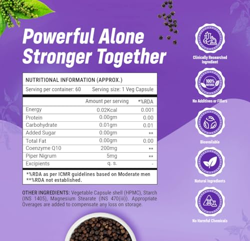 Image of Sainebio Coenzyme Q10 200 mg - High Absorption CoQ10 Supplement - Natural Energy Support - Heart & Cellular Health - 60 Capsules - Pack of 2