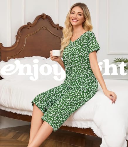 Image of ENJOYNIGHT Womens Pajama Sets Cotton Pj Set Short Sleeve Top With Capri Pants Sleepwear 2 Piece Lounge Set