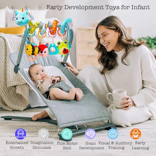 Image of Sensory Hanging Stroller Toys, Car Seat Toys for Babies Infants 0-6 Months | Activity Spiral Plush Hanging Toy Gift for Baby Boys and Girls 0 3 6 12 Months Newborn Toys with Rattles Squeaker Music -Blue