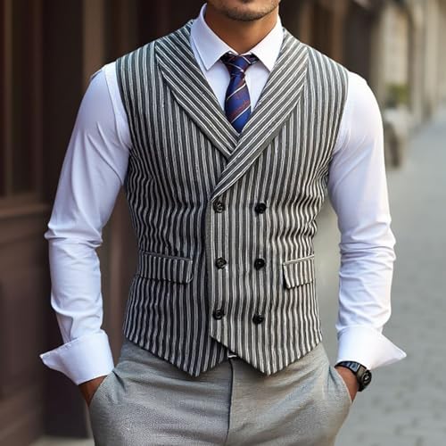 Men's Striped Double Breasted Vest with Pockets Sleeveless V Neck Checkered Waistcoat Formal Business Social Jacket Plus Size2