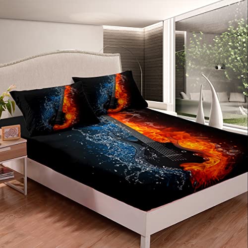 Guita Kids Fitted Sheet Single Size,Music Lovers Musical Instrument Bedding Set,Girls Boys Adults Bedroom Decor,Flame Smoke Fashion Design Bed Cover,Black Chic Bed Sheet,1 Pillowcase - Image 3