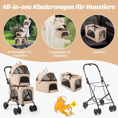 COSTWAY 3 in 1 Hundewagen, Hundebuggy 2 Etagen mit Netzfenstern & Taschen & Polstern, Oxford & Metall, Haustiere Buggy bis 16 kg, Hundebox Transporttasche klappbar, für Hunde Katzen Haustiere (Beige)