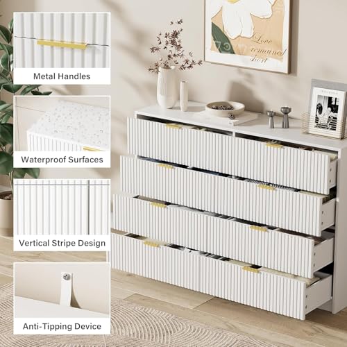 Image of Furniway Modern White 3-Piece Dresser Bedroom Set, Fluted Wood 8 Drawer Dresser with Gold Handles and 2 Drawer Nightstands, Chest of Drawers for Bedroom, Living Room, Entryway
