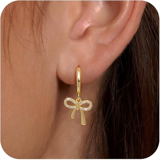 Riisamil Gold Earrings for Women Trendy, Dainty Bow Earrings for Women Cute CZ Stud Earrings Simple Dangle Unique Earrings Gold Jewelry for Women Gifts Fashion Accessories